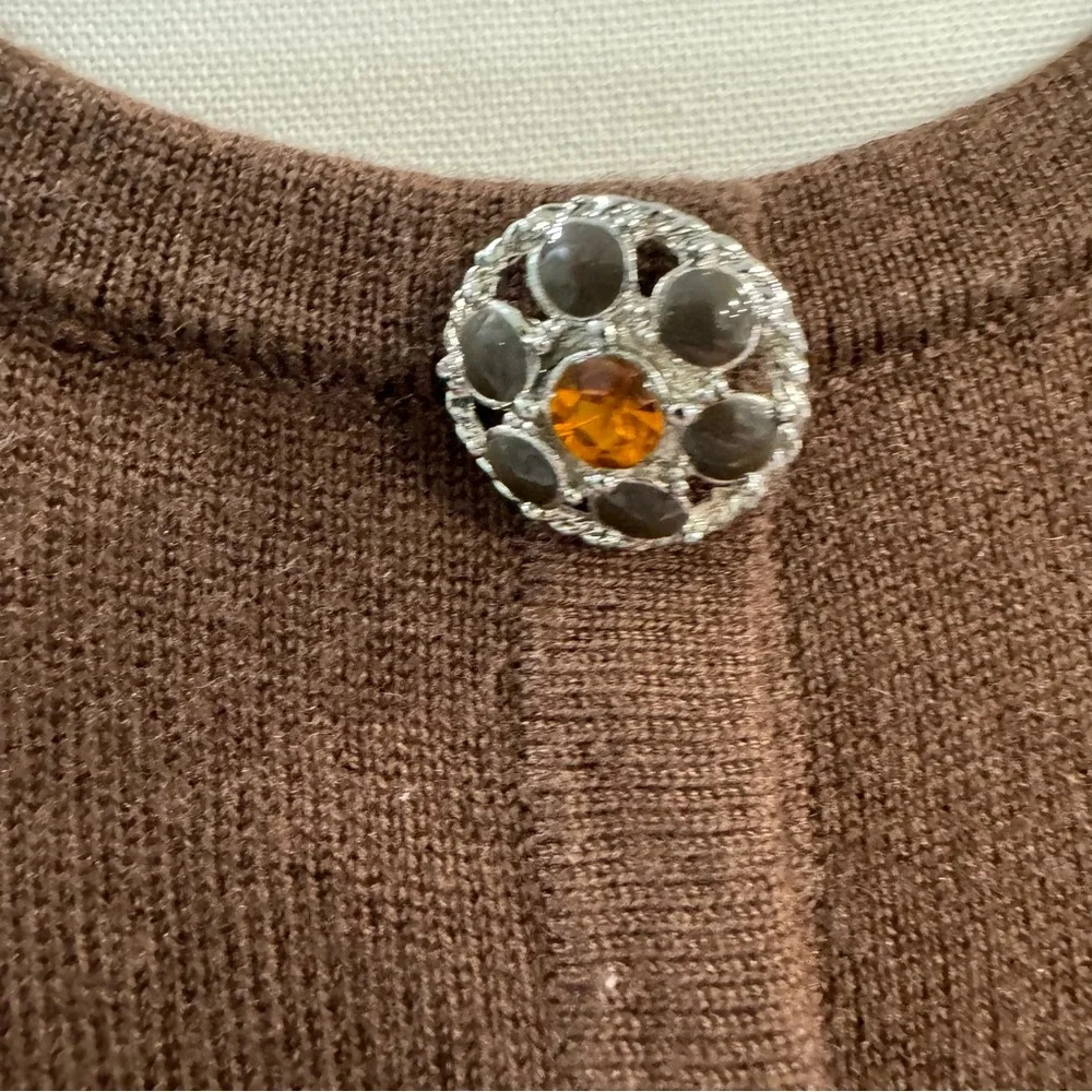 Classics Entier Beaded Wool Silk Cashmere Brown Hidden Snap Cardigan Large - Picture 2 of 10